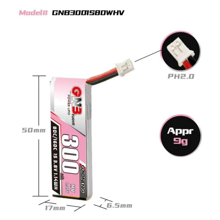 Gaoneng GNB 1S 300MAH 80C 3.8V HV Li-Po Battery for Whoop Micro - PH2.0 Cabled