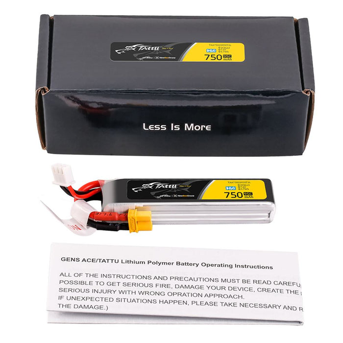 Tattu R-line 750mAh 2S 7.6V HV 95C Lipo Battery Long Pack - XT30