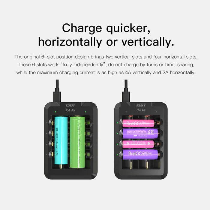 ISDT C4 Air Quick Battery Charger, 6 Slots USB C Household Battery Charger with Bluetooth APP Connection Function