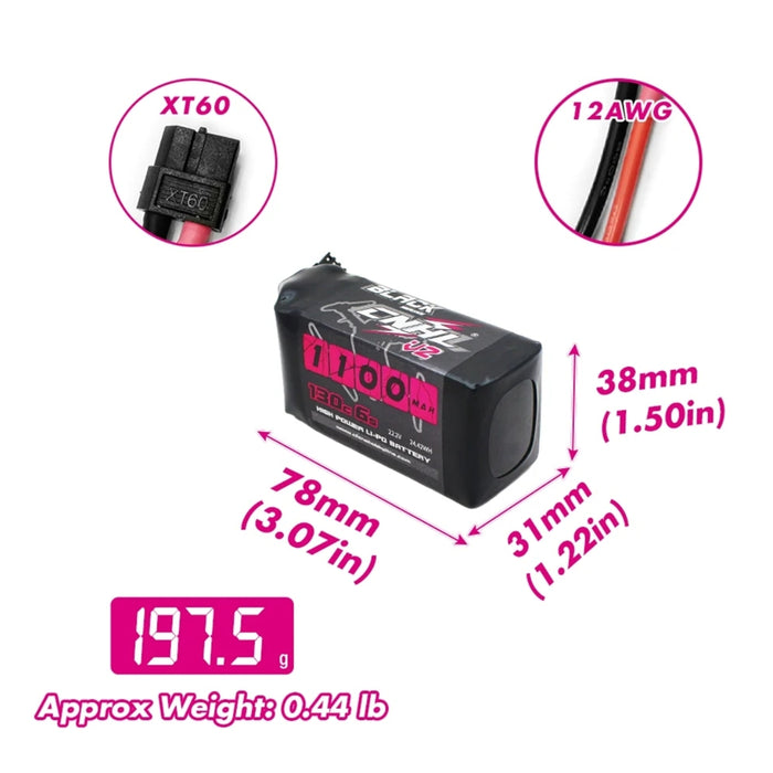CNHL Black Series v2 1100MAH 22.2V 6S 130C Lipo Battery - XT60