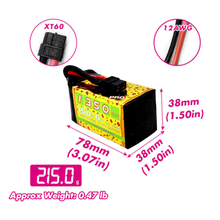 3-Pack CNHL 1350mAh 22.2V 6S 150C Pizza Series Lipo Battery - XT60