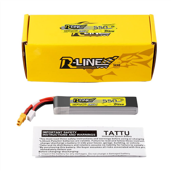 Tattu R-line 550mAh 2S 7.4V 95C Lipo Battery Long Pack - XT30