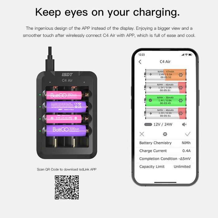 ISDT C4 Air Quick Battery Charger, 6 Slots USB C Household Battery Charger with Bluetooth APP Connection Function