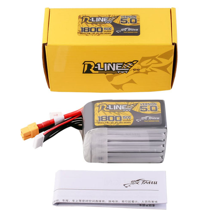 Tattu R-Line Version 5.0 1800mAh 6S 22.2V 150C Lipo Battery Pack - XT60