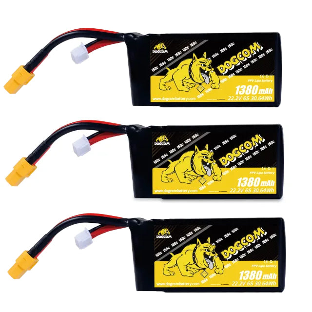 3-Pack DOGCOM 1380mAh 6S 22.2V 160C LiPo Battery - XT60