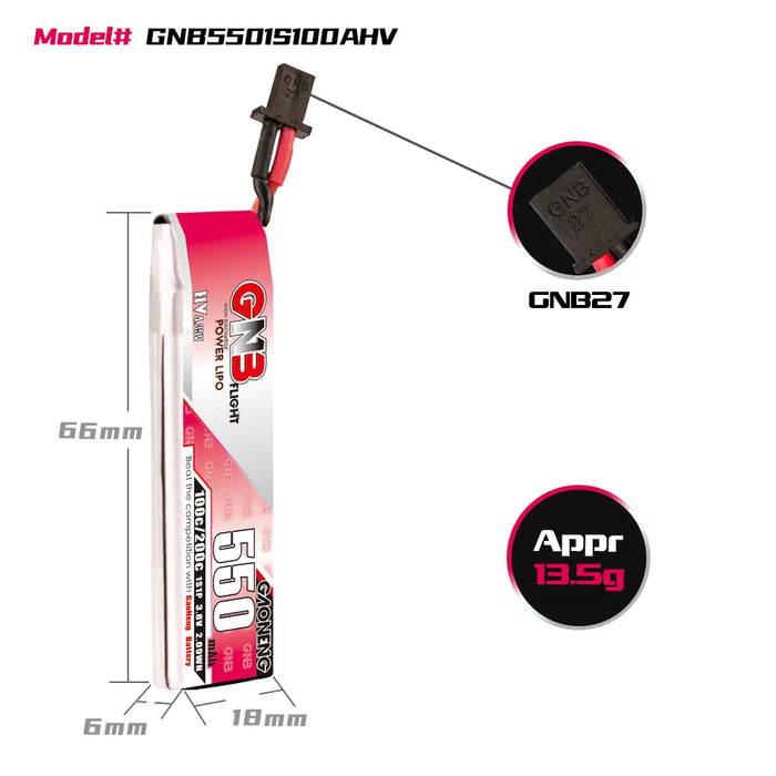 Gaoneng GNB 1S 550MAH 100C 3.8V HV Li-Po Battery for Whoop Micro - GNB27 Cabled