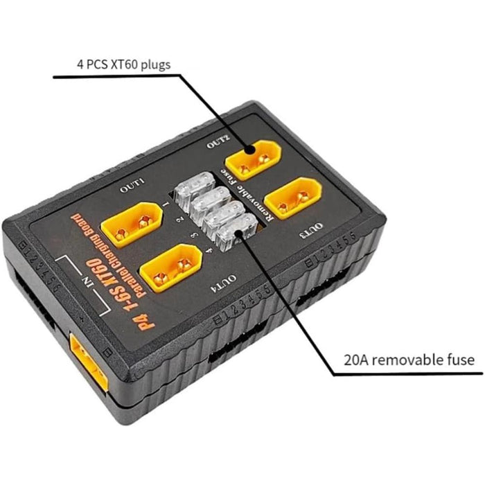 P4 1-6S XT60 Plug Parallel Charging Board Support 20A Input and 4 Output Channels with Fuse Protection
