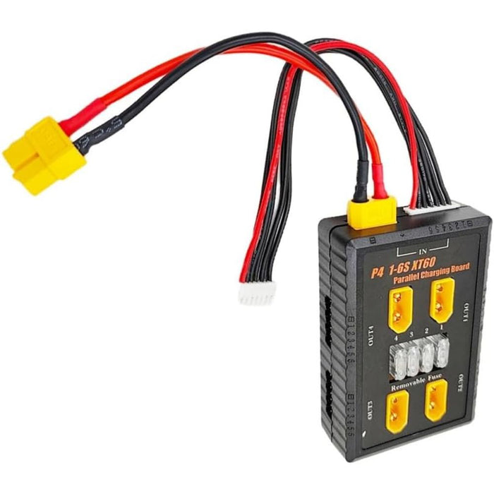 P4 1-6S XT60 Plug Parallel Charging Board Support 20A Input and 4 Output Channels with Fuse Protection
