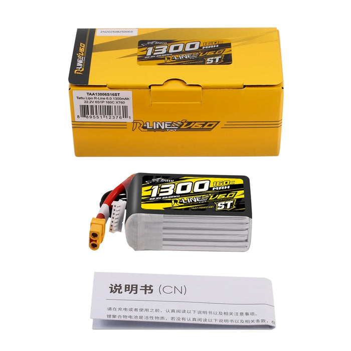 Tattu R-Line Version 6.0 1300mAh 22.2V 160C 6S1P Lipo Battery - XT60