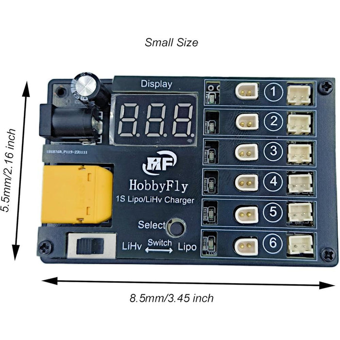 HOBBYFLY 1S LiPo/LiHV Battery Charger 6 Ports BT2.0/PH2.0 Low Voltage Input Protection - with Power Adapter