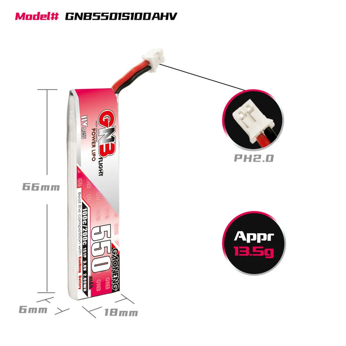 Gaoneng GNB 1S 550MAH 100C 3.8V HV Li-Po Battery for Whoop Micro - PH2.0 Cabled