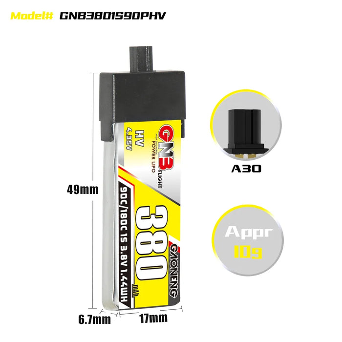 Gaoneng GNB 1S 380MAH 90C 3.8V HV Li-Po Battery for Whoop Micro - A30 Plastic Head