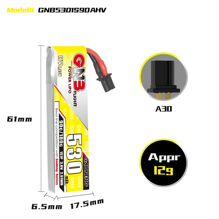 Gaoneng GNB 1S 530MAH 90C 3.8V HV Li-Po Battery for Whoop Micro - A30 Cabled