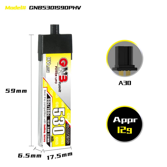 Gaoneng GNB 1S 530MAH 90C 3.8V HV Li-Po Battery for Whoop Micro - A30 Plastic Head