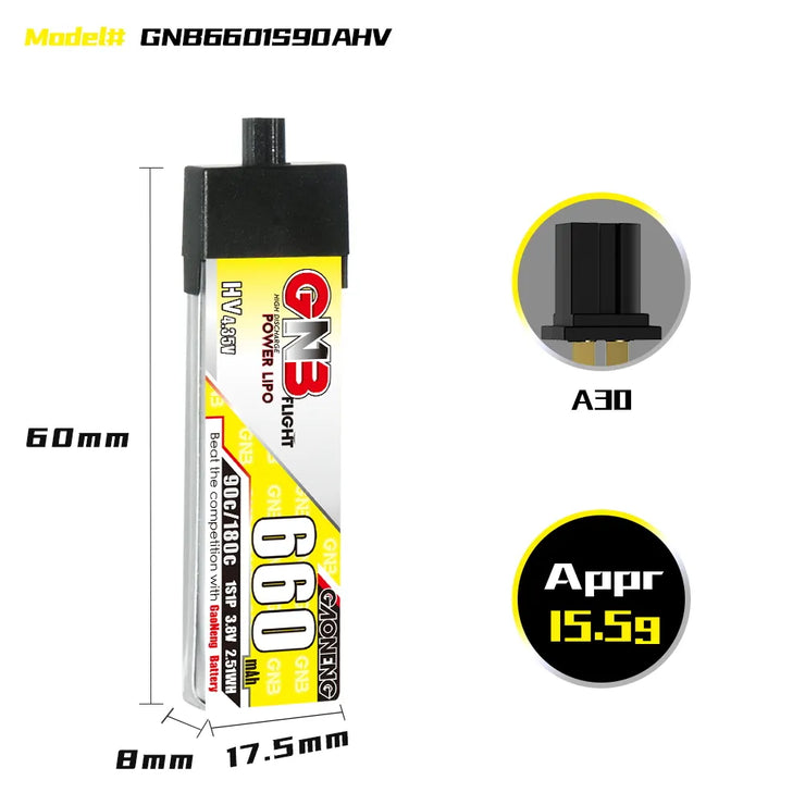 Gaoneng GNB 1S 660MAH 90C 3.8V HV Li-Po Battery for Whoop Micro - A30 Plastic Head