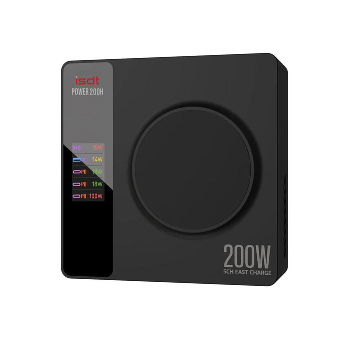 ISDT Power 200H USB C Charger,100W MAX Output Phone Charger with 4 USB+1 Wireless Charger Ports,LCD Display Multifunction Desktop Charger