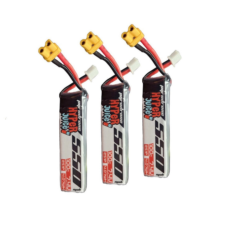 3-Pack Pyrodrone Hyperjuice 550mAh 7.4V 2S 100C Lipo Battery - XT30