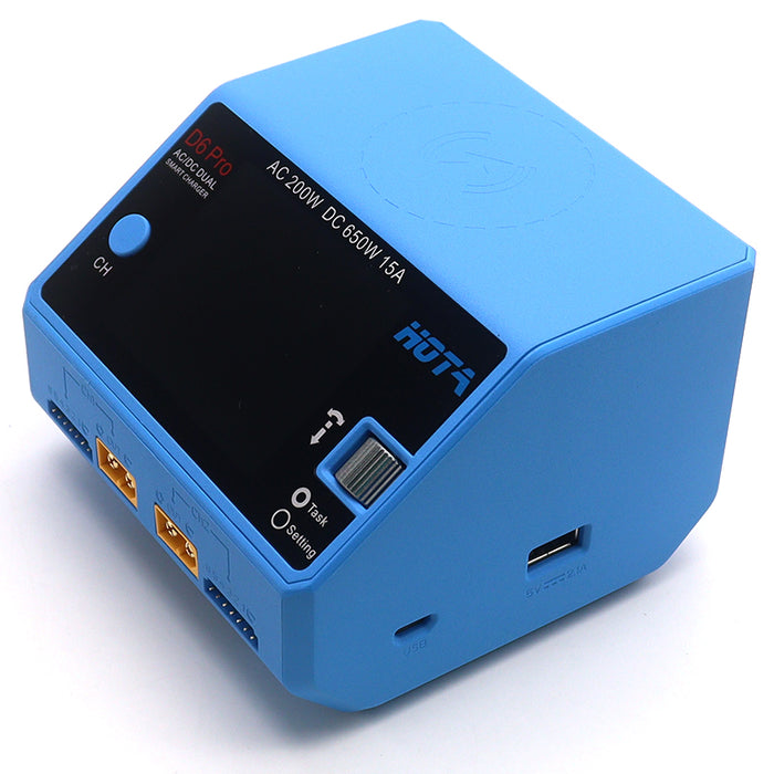 HOTA D6 PRO Dual Charger 1-6S AC200W/DC650W 15A w/ Wireless Cellphone Charging - Pyro Blue