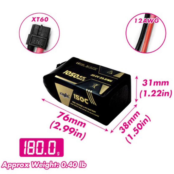 CNHL Ultra Black Series 1050MAH 22.2V 6S 150C Lipo Battery - XT60