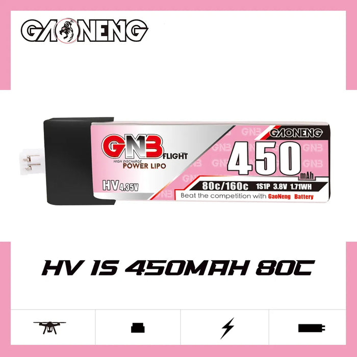 Gaoneng GNB 1S 450MAH 80C 3.8V HV Li-Po Battery for Whoop Micro - PH2.0 Plastic Head