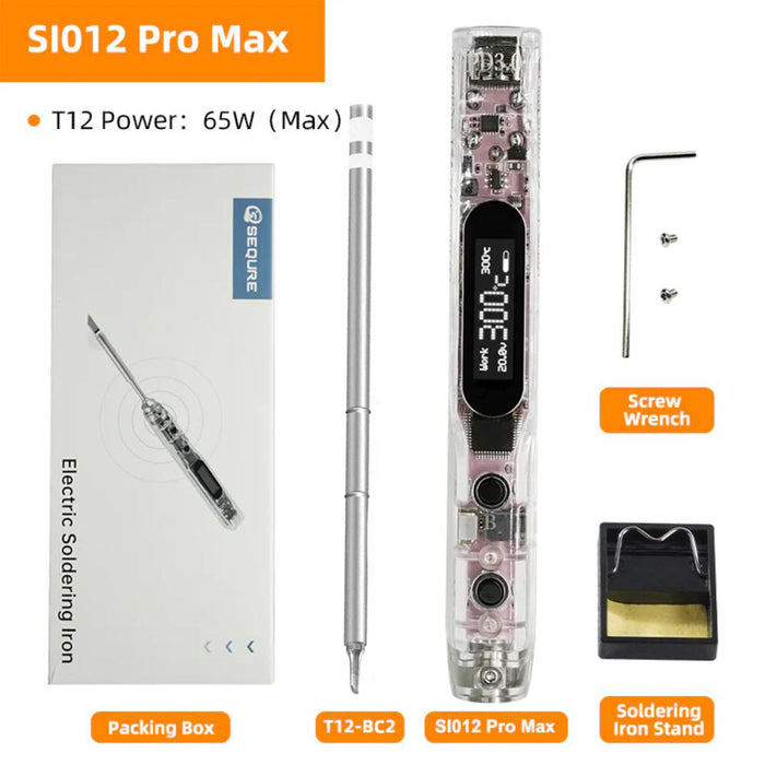 Sequre SI012 Pro Max Mini Soldering Iron w/ T12-BC2 Tip supports PD/QC/3S-6S Battery Power Supply
