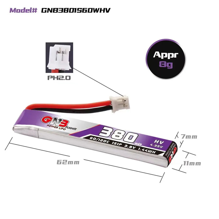 Gaoneng GNB 380mAh HV 3.8v 1S 60C - HV Lipo Whoop Cabled PH 2.0 Battery