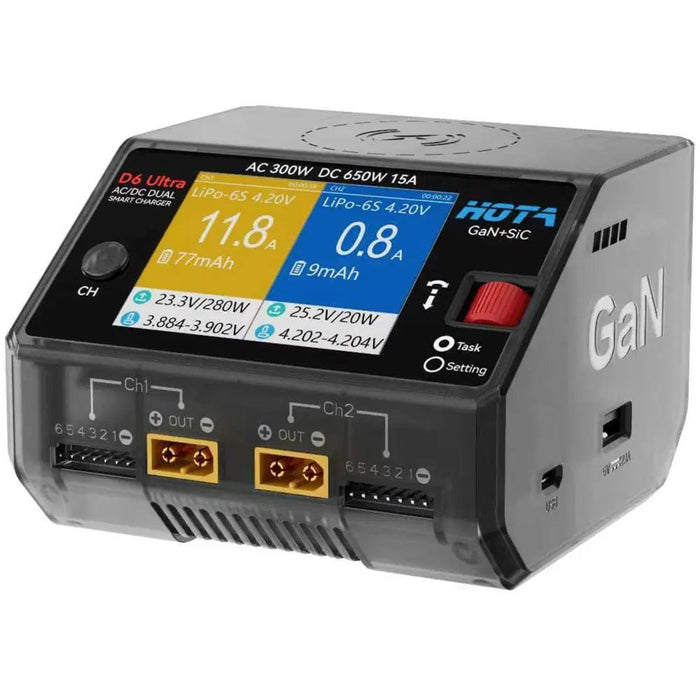 HOTA D6 Ultra GAN + SIC Dual Charger 1-6S AC300W/DC650W 15A w/ Wireless Cellphone Charging - Transparent Gray
