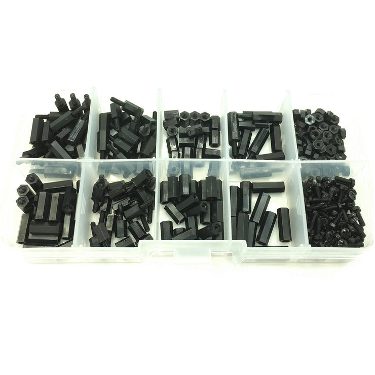 300pcs M2 Nylon Black Hex Screw Nut Spacer Stand-off Varied Length Assortment Kit Box