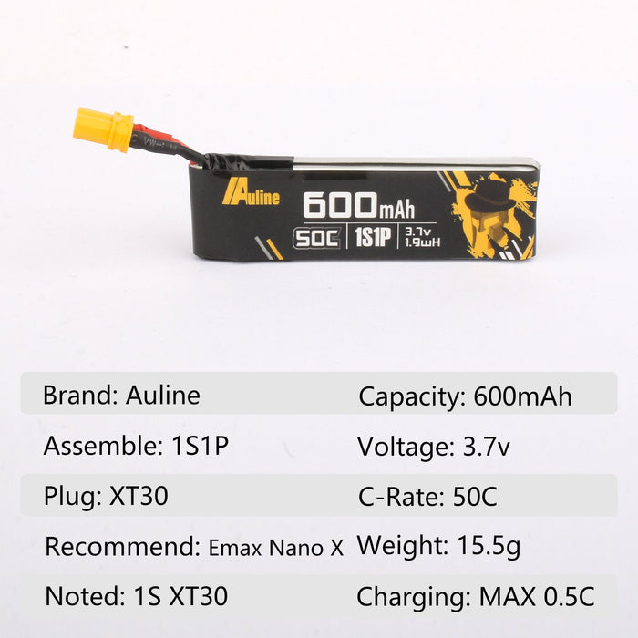 Auline 600mAh 3.7v 1S 50C LiPo Battery - XT30