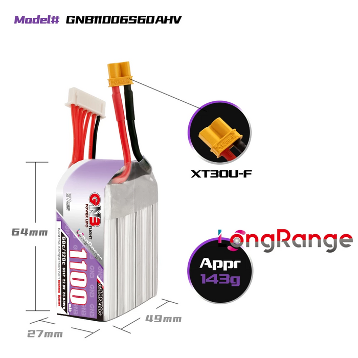 Gaoneng GNB 1100MAH 6S 22.8V 60C/120C LIPO BATTERY XT30