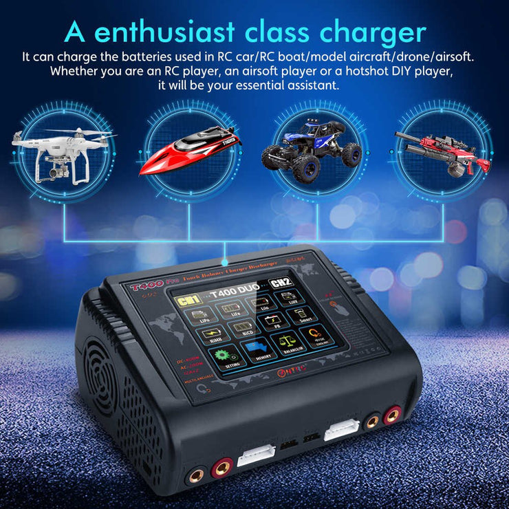 thumbnail interactive-video image 1 of T400 Pro Dual Balance Charger: 400W DC / 200W AC Touch Screen For LiPo, NiMH, LiFe Batteries (US Plug) 1 of 2