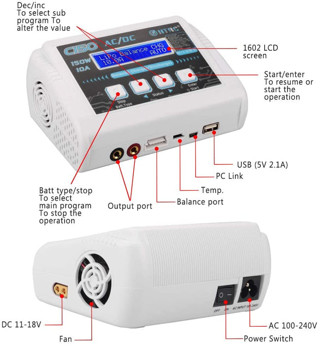 HTRC LiPo Charger 1-6S AC/DC C150 for NiCd Li-ion Life NiMH LiHV PB Smart Battery