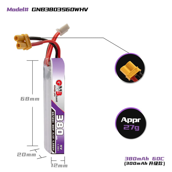 Gaoneng GNB 3S 380Mah 11.4V HV 60C Li-po Battery - XT30