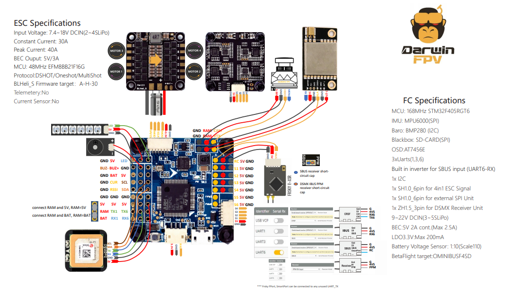 DarwinFPV Betaflight F4 V3S Flight Control Built-in Image Filtering OSD 30A 4in1 ESC Flytower - 30x30mm