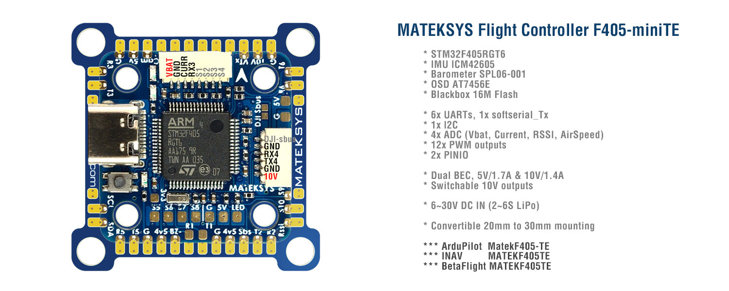 Matek F405-MINITE - 30x30mm or 20x20mm w/ 32K Gyro, Barometer, and BetaFlight OSD