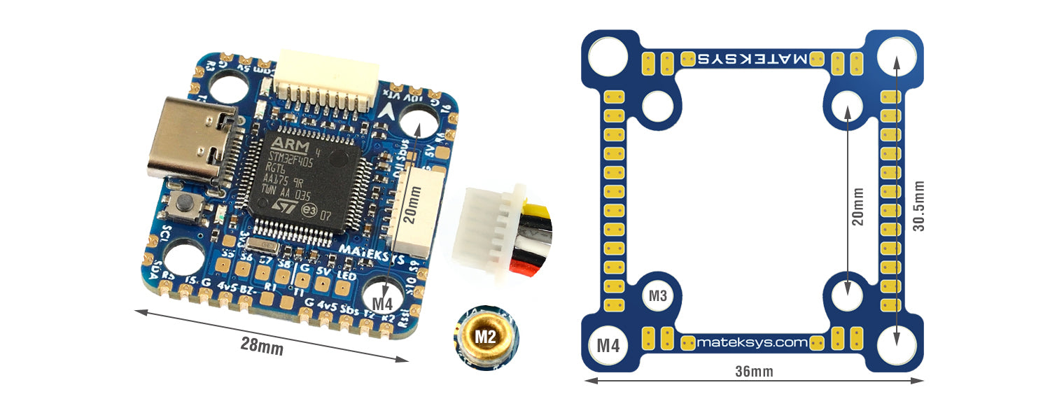 Matek F405-MINITE - 30x30mm or 20x20mm w/ 32K Gyro, Barometer, and BetaFlight OSD