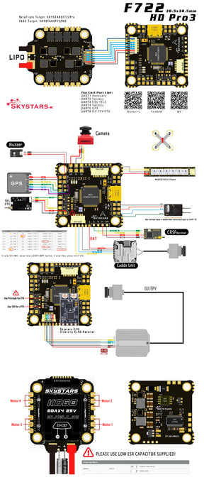 Skystars F7HD Pro 3 Flight controller and KO45A Blheli-32 128KHz ESC Stack - 30x30mm