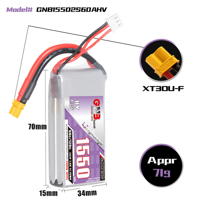 Gaoneng GNB 1550mAh 7.6V 2S 60C HV Lipo Battery - XT30