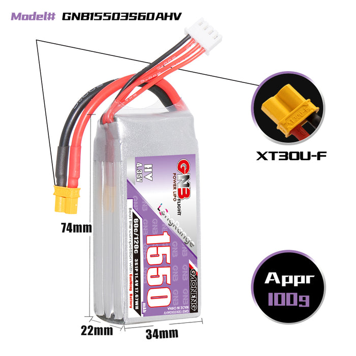 Gaoneng GNB 1550mAh 11.4V 3S 60C HV Lipo Battery - XT30