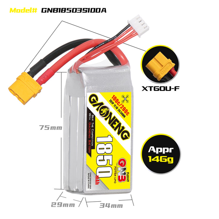Gaoneng GNB 1850mAh 11.1v 3S 100C Lipo Battery - XT60