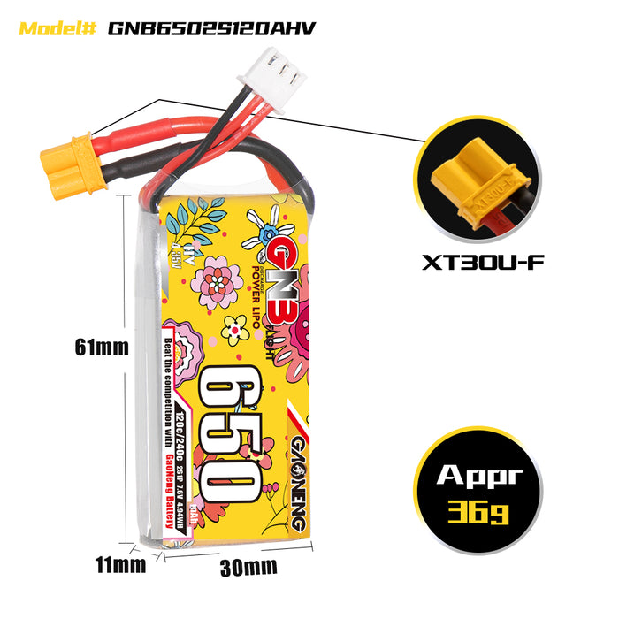 Gaoneng GNB 650mAh 7.6V 2S 120C HV Lipo Battery - XT30