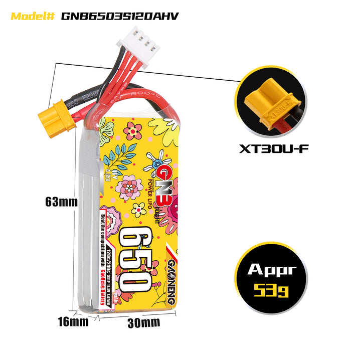 Gaoneng GNB 650mAh 11.4V 3S 120C HV Lipo Battery - XT30