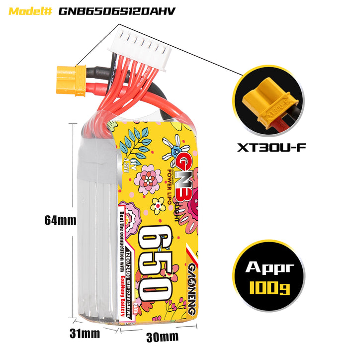 Gaoneng GNB 650mAh 22.8V 6S 120C HV Lipo Battery - XT30