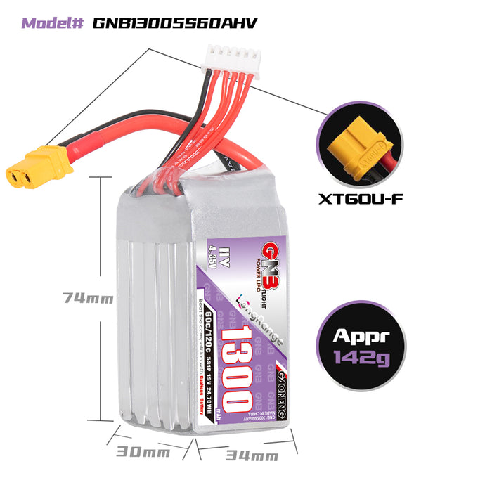 Gaoneng GNB 1300mAh 19V 5S HV 60C Lipo Battery - XT60