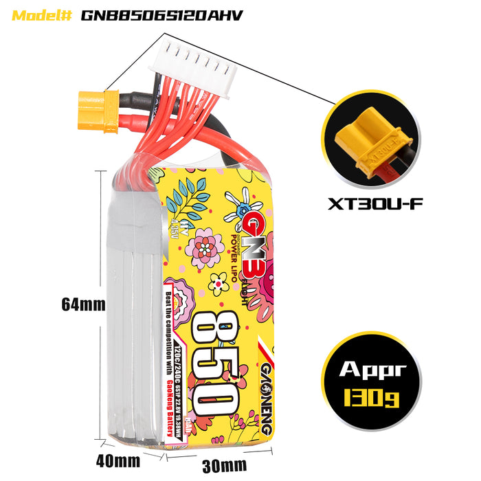 Gaoneng GNB 850mAh 22.8V 6S HV 120C Lipo Battery - XT30