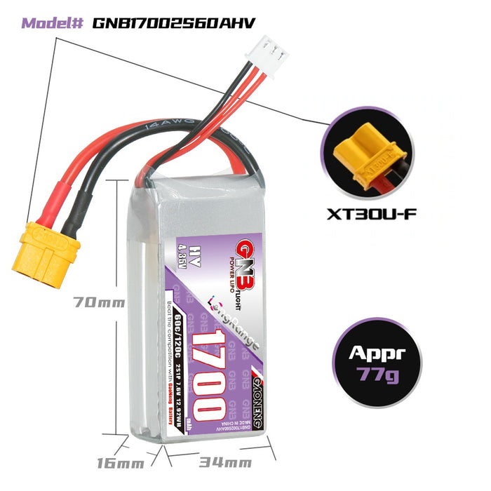 Gaoneng GNB 1700mAh 7.6V 2S 60C HV Lipo Battery - XT30