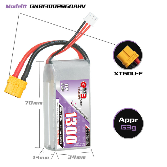 Gaoneng GNB 1300mAh 7.6V 2S HV 60C Lipo Battery - XT60