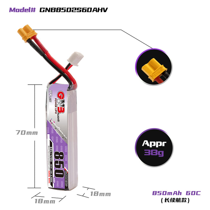 Gaoneng GNB 850mAh 2S 7.6V 60C/120C HV Lipo Battery - XT30