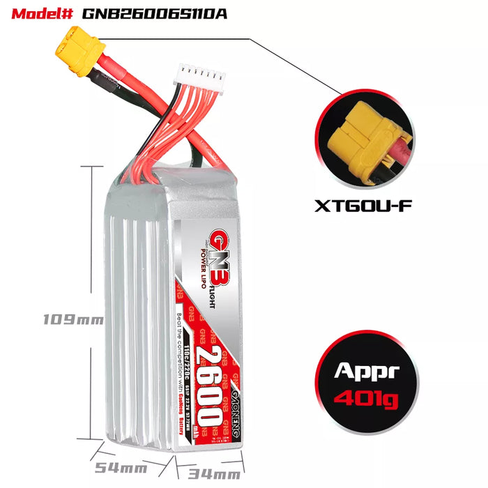 Gaoneng GNB 2600mAh 22.2V 6S 110C Long Range/Cinelifter Lipo Battery - XT60