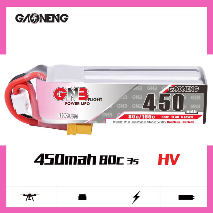 Gaoneng GNB 3S 11.4V HV 450mah LiPo Battery 80C XT30 LiHV